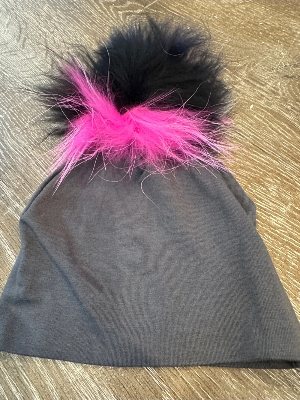 Black Knit Beanie with Pink and Black Faux Fur Pom